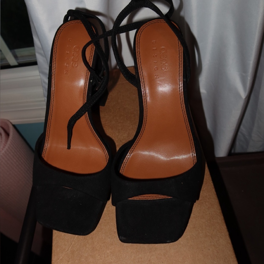 Black open toe block heels